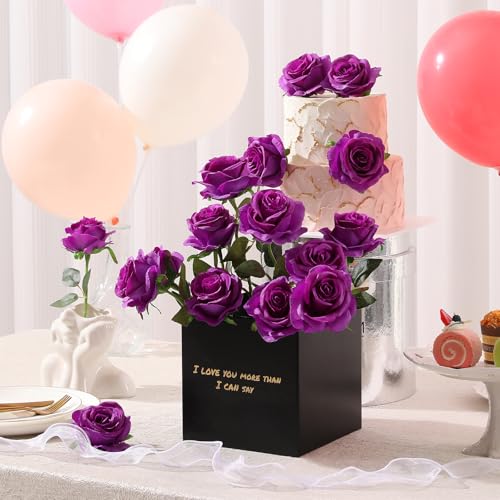 Tifuly Purple Roses Artificial Flowers - 12 pcs Realistic Single Long Stem Fake Silk Roses Bouquet for Party Home Wedding Centerpiece Office DIY Decor - color: Purple