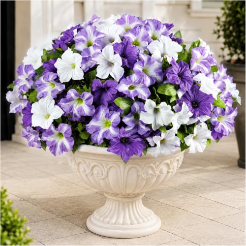 6Pcs Artificial Flowers for Outdoors, Fake Petunias Morning Glory Silk Flower UV Resistant, Faux Flowers for Outdoor Planters, Realistic Flora for Window Box Garden Porch Decor (PurpleWhite-Petunia) - color: Purplewhite-petunia