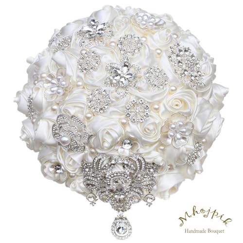 Bridal Wedding Bouquet Round Bling Brooch Bouquet Artificial Rose Flower Bunch for Bride Bridesmaid Wedding Quinceanera(Ivory, 7.5") - color: Ivory*, size: Small (Dia. 7.5"/19cm)