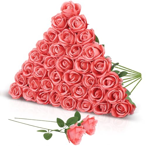 36 Pcs Deep Pink Artificial Roses with Long Stems, Fake Silk Rose Artificial Flowers Bulk for Bridal Wedding Bouquet Centerpiece Ball Arrangement Party Decor - color: Deep Pink
