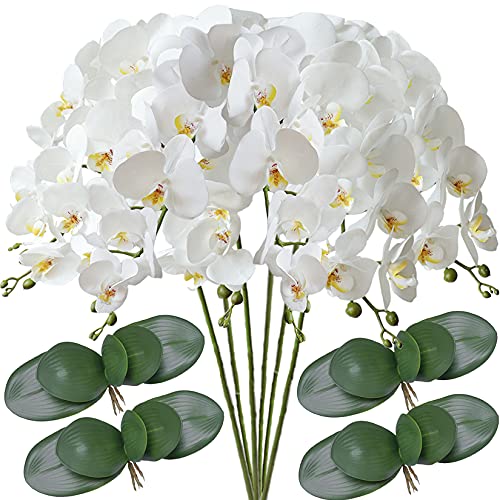 FagusHome 32" Artificial Phalaenopsis Flowers 6 Pcs with 4 Bundles Leaves Artificial Orchid Flowers Stem Plants for Home Décor (6Pcs) - color: White+green
