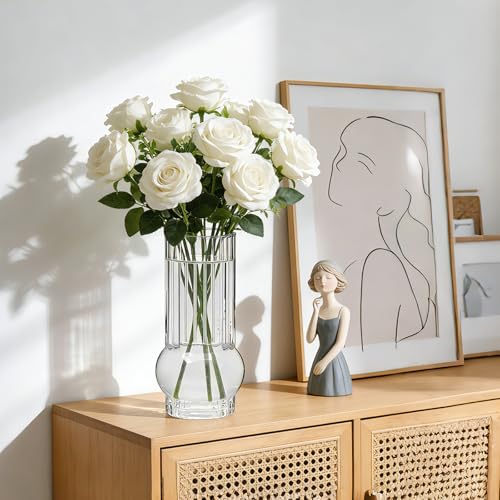 Ribbed Glass Cylinder Vases，6.5 Inch Drinking Glasses，Flower Vase 12 pcs | for Home Decor, Wedding Centerpiece Table Decoration, Modern Glass Flower Vases for Living Room, Dining Table & Event Styling - size: Ribbed Juice Vase-12PCS