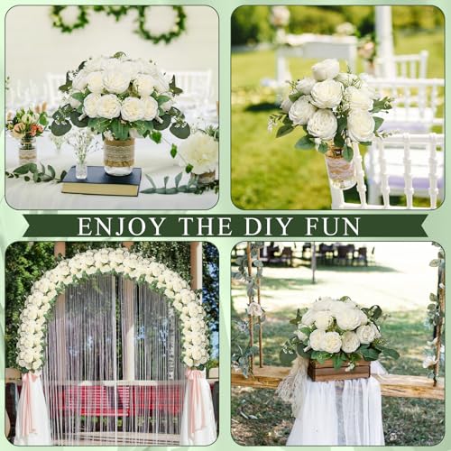 Peonies Artificial Flowers Bulk, 12 Bundles Fake Silk Peonies Faux Eucalyptus Bouquet Ivory Realistic Peony Floral Arrangement for Wedding Table Centerpiece Vase Decor (White) - color: White