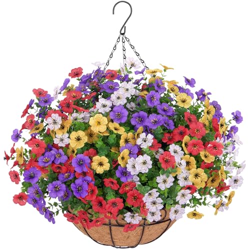 Artificial Hanging Flowers for Outdoors, UV Resistant Silk Flowers Basket Mixed Color Faux Daisy with Eucalyptus Leaves Hanging Fake Plants for Porch Balcony Patio Home Spring Summer Decoration - color: Mixed Color-2