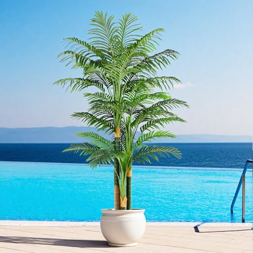 7ft Tall Triple Golden Cane Palm Artificial Tree Large Tropical Palm Tree UV Resistant Fake Plant in Pot for Indoor Outdoor Big House Living Room Outside Patio Office Home Decor 1Pack - size: 7ft