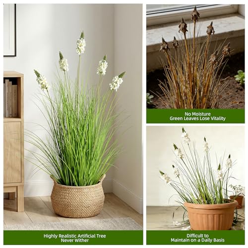 Artificial Plants Indoor Tall Grass Plants with Hyacinth Flower 35.4In Tall Artificial Ornamental Grass Green Onions Outdoor Fake Plants with Black Pot Home Office Decorative (1 Pack,White) - color: 0.9m White1