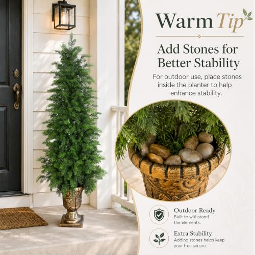 Bellacat 4ft UV Resistant Topiary Trees Artificial Outdoor with Urn Planter & Soft Real Touch Leaves, 48in Lifelike Faux Cedar Tree, Fake Cypress Tree for Front Door Porch Patio Deck Home Decor, 2Pack - color: Golden Urn Planter-2pack, size: 4ft