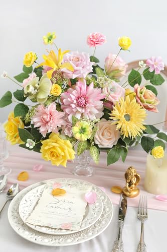 rongflower Yellow Pink Artificial Flowers Combo Set Fake Flower Leaf Box with Stemst for DIY Wedding Bridal Bouquet, Centerpieces, Home Decor, Floral Arrangement Decor - color: Yellow Pink