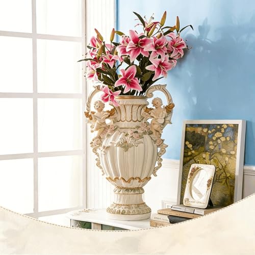 European Style Angel Cherub Floor Vase, Resin, Beige, 28.35" H x 19.70" L x 13.20" W, Baroque Baroque Art Deco for Living Room