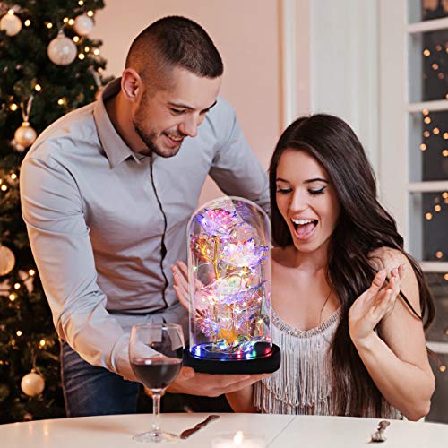 Mothers Day Forever Gifts for Mom, Colorful Flowers Rose in Glass Dome,Galaxy Flowers Rose with 2 Lighted Mode,Rainbow Rose Birthday Gifts for Women,Wife Girlfriend Daughter，Anniversary,Valentines - color: Colorful Rose