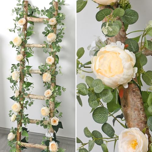Betylifoy 2 Pack 6.2Ft Champagne Flower Garland Artificial Eucalyptus Flower Garlands Fake Peony Rose Floral Vines Hanging Hydrangea Flower Faux Greenery Garland for Wedding Party Table Backdrop Decor - color: Champagne