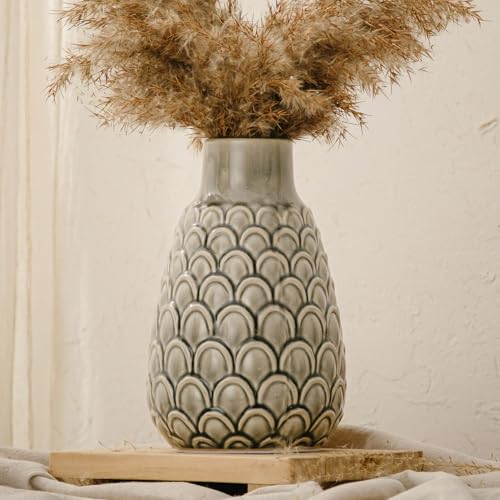 Ceramic Flower Vase, 9.06” Rustic Farmhouse Decorative Vase for Home Decor, Gray Textured Pottery Vase for Pampas Grass, Living Room, Entryway, Mantel, Kitchen Table, Centerpiece - color: 402-grey