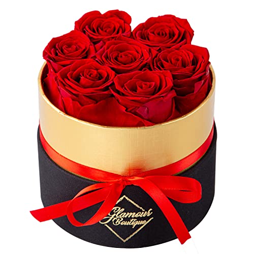 GLAMOUR BOUTIQUE Eternal Preserved Roses in a Box, Flowers Forever, Rose Forever in a Box for Wife or Her, Lasting Real Flower Gift for Mothers Day Luxury Floral 7 Roses, Red (Color-Treated) - color: Red 7 Roses, size: 7 Roses