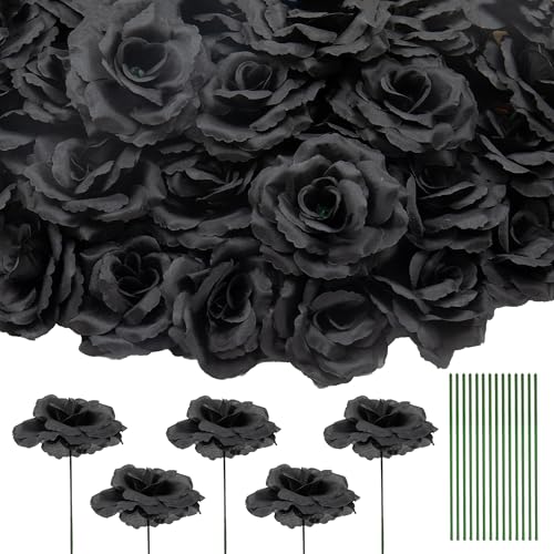 50 Pcs Rose Flower Head, Artificial Flowers Bulk for DIY Crafts, 3in Fake Rose Silk Flower Head wit Stem, Faux Flowers for Decoration, Wedding Home Party Decor Garland Decor (50, Black) - color: Black