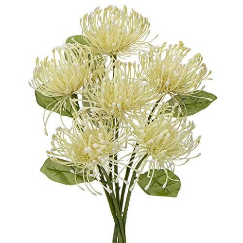 Briful 6PCS Artificial Chrysanthemum Spring Flowers 4'' Fake Pincushion Flower Large Spider Mums Flowers for Home Vase Décor Centerpiece Wedding Bouquet (Green White) - color: Cream