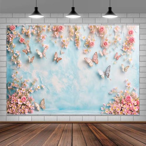 7x5ft Butterfly Floral Backdrop Birthday Colorful Flowers Photo Background for Girls Wedding Birthday Party Girls Princess Butterfly Theme Baby Shower Events Party Decorations Photo Booth Props - color: Pink, size: 7X5FT