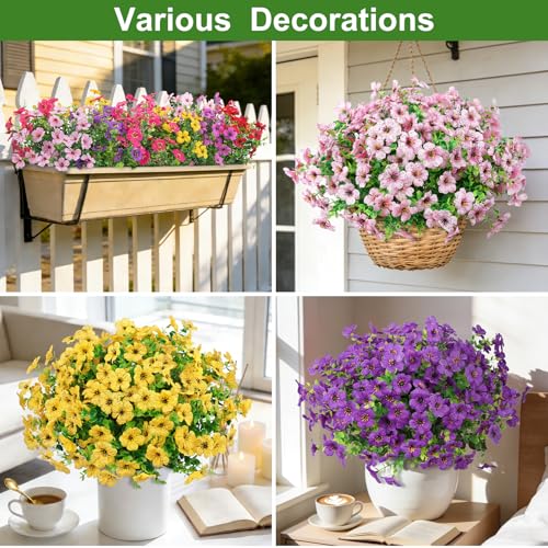 Roberly Artificial Flowers for Outdoors, UV Resistant Silk Fake Daisy Flowers with Eucalyptus Greenery Stems Faux Plastic Plants for Spring Summer Patio Garden Home Decor, 18 Bundles, Mixed Color - color: Multi Color