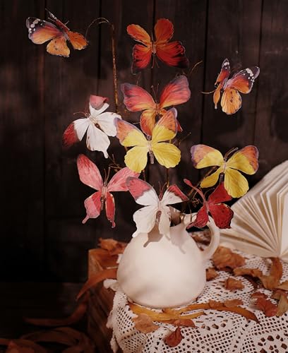 Artificial Butterfly, Silk Butterflys, Butterflies for Crafts for Floral Arrangements, 3D Butterfly Stakes Decor, Patio Plant Pot, Flower Bed Home Decor - color: Orange Series-1 Branch