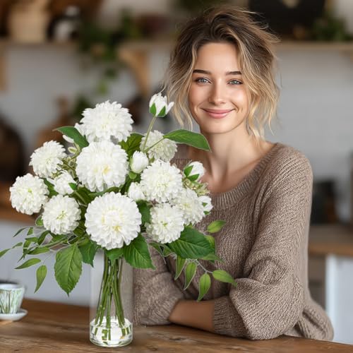 Hollyone White Fake Flowers in Vase Dahlia Artificial Flowers in Glass Vase with Faux Water Dahlia Silk Flower Arrangements for Bathroom Office Table Centerpiece Shelf Decorations Home Decor - color: White