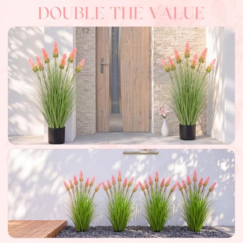 Jexine 2 Pieces 4 ft Artificial Tall Grass Plants Outdoor with Pink Cockscomb Flower Tall Artificial Grass Green Onions Plant Potted for Housewarming Gift House Garden Lobby Outdoor - color: Pink Cockscomb Flower
