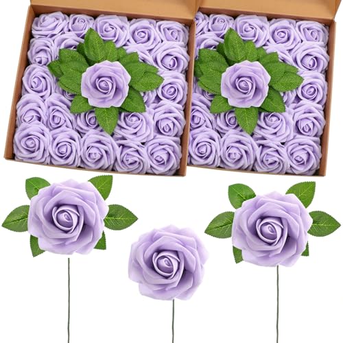 50 Pcs Artificial Foam Rose Flower Faux Bouquet Wedding Fake Rose Gift for Mother's Day Women DIY Bridal Shower Party Table Birthday Home Spring Decor (Lavender) - color: Lavender