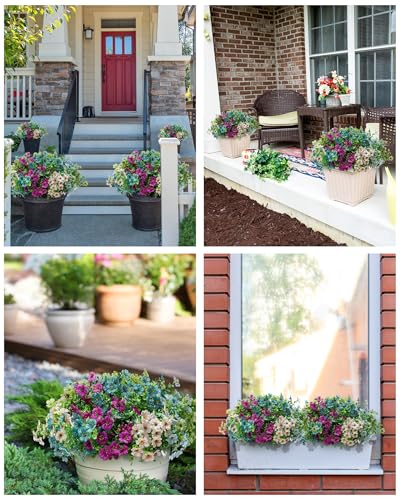 Artificial Flowers for Outdoor Decor, 16 Pack UV-Resistant Fake Colorful Silk Daisy Flowers, Perfect for Spring & Summer Decorating – Front Porch, Patio, Window Boxes, and Potted Plants - color: Mixed Color2(green,teal,purple,blue,champagne)