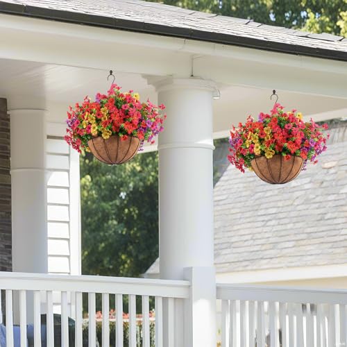Hananona 2 Set Artificial Outdoor Flowers with Hanging Basket, 2 Hanging Planters with 24 Pcs Flowers for Spring Summer Front Porch Garden Patio Home Decor (2, Red, Purple, Yellow, Rose Red) - color: Red, Purple, Yellow, Rose Red