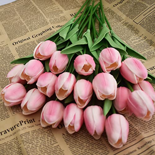 20pcs Artificial Tulips Flowers Fake Faux PU Tulip Bouquet Real Touch Flower Arrangement for Home Room Office Party Wedding Decoration Excellent Gift Idea for Mothers Day (Pink) - color: Pink 20