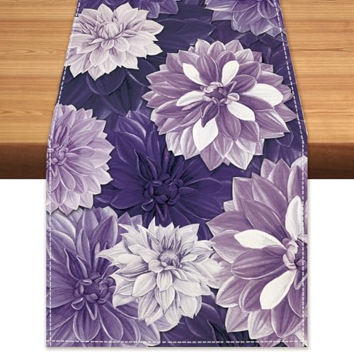 Purple Dahlia Flower Summer Table Runner Purple Gray Burlap Table Runners, Spring Floral Seasonal Coffee Table Center Decor for Home Kitchen Dining Party Indoor Outdoor 13x108 Inch - color: Purple, size: 13" x 108", Table Runner