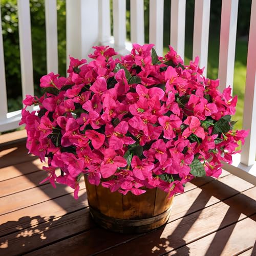 Faux Bougainvillea Artificial Flowers for Outdoors Fake Plants Spring Outdoor Decor, 4 Bundles UV Resistant Realistic Bougainvillea Silk Flowers for Outside Porch Patio Window Planter Garden Home - color: Fuchsia+lightfuchsia