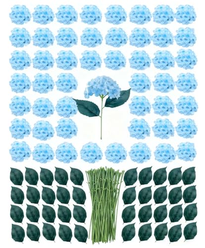 50 Pack Artificial Light Blue Hydrangea Flowers with Leaves, 6 Inch Silk Flower Heads, DIY Mother's Day Wedding Decor Set with 100 Leaves, 50 Stems - color: Light Blue