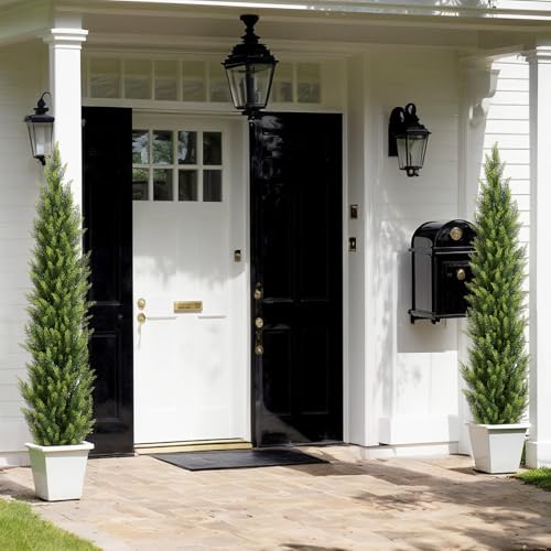 6FT Artificial Topiary Trees Outdoor Set of 2, UV-Resistant Faux Cedar Trees for Outdoor Planters, Tall Evergreen Plants for Front Porch, Entryway, Patio Decor - size: 6ft