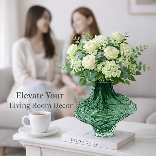 6.5in Green Glass Vase with Surface Wavy Grooves, 1.7lbs Thickened Heavy Bottom Small Flower Vase, Individual Modern Decorative Vase for Centerpiece, Wedding, Living Room (Green) - color: Green