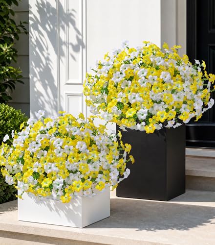 Artificial Flowers for Outdoors Decoration, 20 Bundles Faux Morning Glory with Eucalyptus Look Real UV Resistant Fake Plants Silk Flowers for Outside Yard Gardens Porch Patio Planter Home Urn, Mix - color: 2 Color(10 White, 10 Gradient Yellow)
