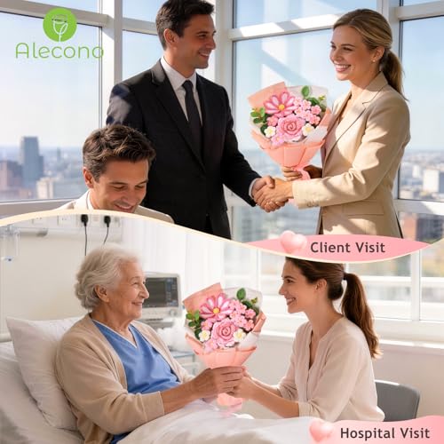Alecono Crochet Flower Bouquet, Knitted Flowers, Pink Handmade Bouquet of Flowers for Mother's Day Anniversary Birthday Party Graduation Valentine's Day Gifts (Include Card) - color: Pink