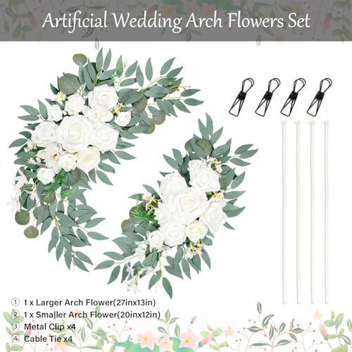 Wedding Arch Faux Flowers Set of 2, Wedding Welcome Signs Greenery Garland Decoration for Ceremony, Reception, Backdrop (White) - color: White-1