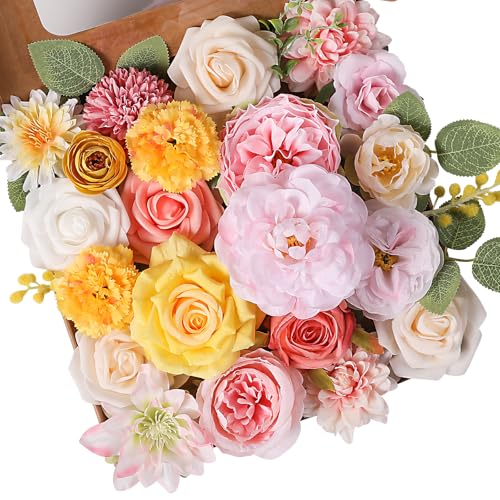 Garisey Artificial Flowers Combo, Mix Silk Flowers Roses, Peonies, Dahlias with Stems for DIY Wedding Bridal Bouquet, Baby Shower, Table Centerpieces, Home Decor, Floral Arrangements-Pink Yellow - color: Pink Yellow