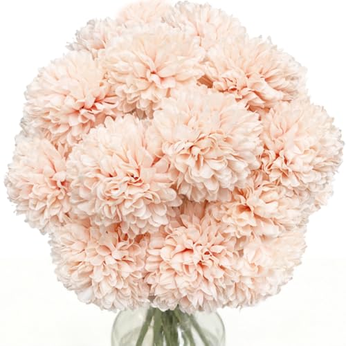Artificial Chrysanthemum Ball Flowers Hydrangea Arrangement Bouquet Presents Decor 10pcs Without Vase (Champagne Pink) - color: Champagne Pink
