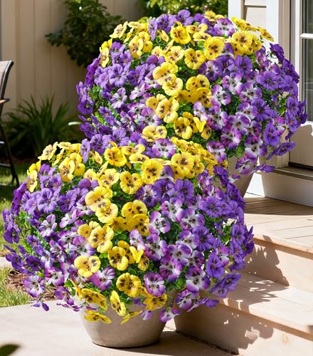 Ivydale 20PCS Artificial Fake Pansy Flowers for Outdoors Spring Summer Decor,Faux Silk Pansies UV Resistant Plants for Front Door Porch Yard Patio Window Box Home Decor(Purple Yellow Gradient Purple) - color: Purple Yellow Gradient Purple