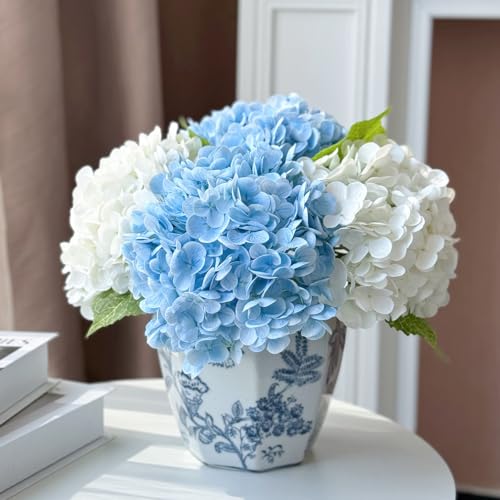YalzoneMet Hydrangea Artificial Flowers 4 Pcs 2 White 2 Light Blue 21 inch Long Rod Real Touch Lifelike Fake Latex Hydrangea for Home Party Outdoor Wedding Gifts Christmas Decor Table Centerpiece - color: White Light Blue