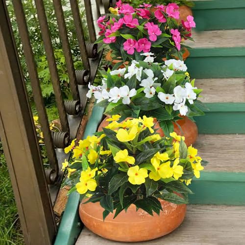 2 Pcs Artificial Impatiens Flowers for Outdoors Faux Impatiens Bushes Yellow Silk Flowers Greenery Artificial Impatiens Bouquet for Patio Lawn Garden Pot Hanging Basket Porch Decoration - color: Yellow