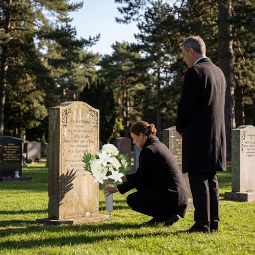 2Sets Artificial Cemetery Flowers with Cemetery Vase Artificial Rose Lily Graveyard Memorial Bouquets for Memorial Day Cemetery Headstones Outdoor Grave Decorations (White) - color: White