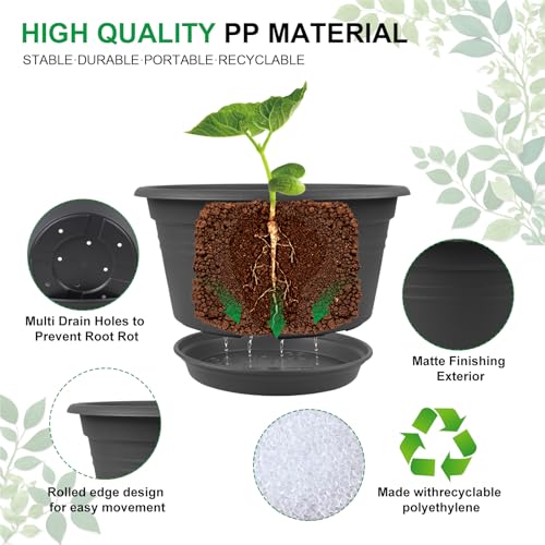 Large Flower Pots Set of 4 Pack 13 inch, Plant Pots Outdoor Planters with Drainage Hole & Tray Saucer, Decoration Plastic Pots for Plants for Indoor Outdoor Garden Home Plants Planter (Dark Gray) - color: Dark Gray, size: 13 Inch - 4Pack