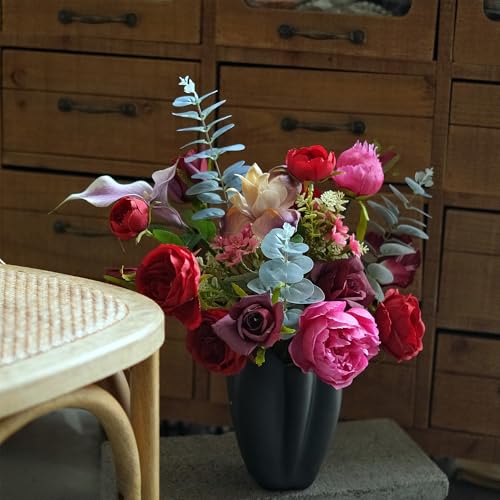 Artificial Flowers Arrangements, Fake Rose & Peony Real Touch Bouquet, Lifelike Faux Floral Assortment Centerpiece for Home Wedding Party Decor (Red & Pink Mixed)