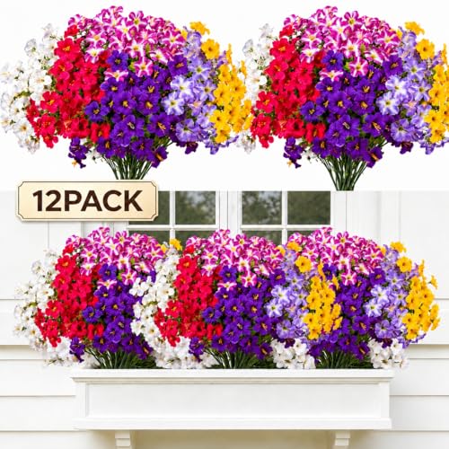 Artificial Petunia Flowers Outdoor, 12 Bundles UV Resistant Faux Plants | Silk petunias in purple, pink, yellow, white & red; UV resistant stems for planters, baskets, porch, garden decor. - color: Mix 6 Colors, size: 12 Bundles-Small Petunias