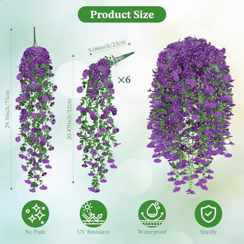 Artificial Hanging Flowers for Outdoors, 6Pcs UV Resistant Morning Glory Vines Fake Flowers with Eucalyptus, Realistic Silk Faux Hanging Plants Decor for Outside Planter Porch Patio (Purple) - color: Purple