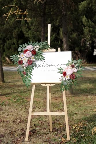 Faux Flower Swag Set of 2 for Wedding Welcome Signs Floral Swag Wedding Reception Ceremony Signs Decor (A-Burgundy Pink) - color: A-burgundy Pink