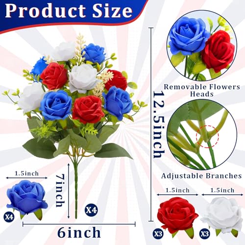 4 Bouquets Artificial Red White and Blue Patriotic Flowers 4th of July Decorations USA 250th Anniversary, Outdoor UV Resistant Realistic Fake Silk Roses Memorial Flowers for Cemetery Veterans Home - color: Red,white,blue