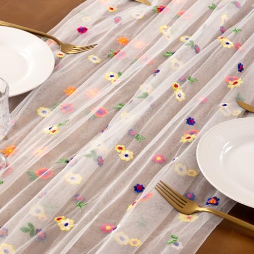 Socomi Flower Table Runner Summer Daisy Floral Tulle Gauze Cheesecloth Embroidery Table Runners for Tea Party Garden Wedding Bridal Baby Shower Birthday Picnic Decor Ivory 3pcs - color: Daisy Ivory, size: 10ft X 3pcs