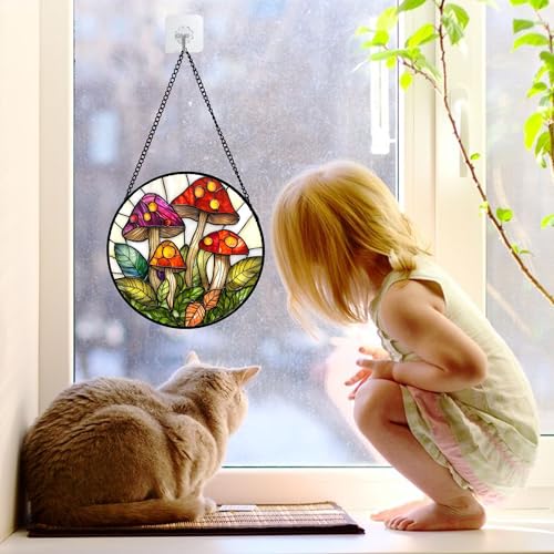 DASTOLL Stained Glass Window Hanging, Mushroom Leaves Suncatcher for Doors Home Sun Catchers Decoration and Christmas, Mother's Day Birthday Gifts for Women, Men, and Mom 6.3 in - color: Red and White, size: 6.3x6.3 IN